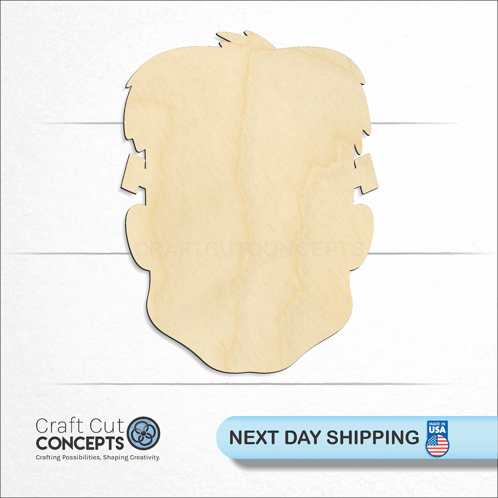 Craft Cut Concepts logo and next day shipping banner with an unfinished wood Frankenstein Head craft shape and blank