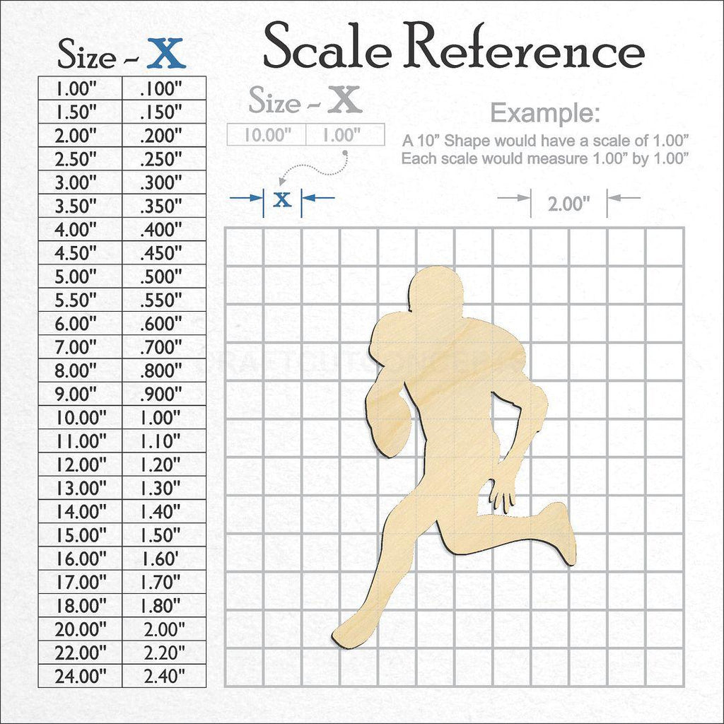 A scale and graph image showing a wood Running Quarterback Football Player craft blank