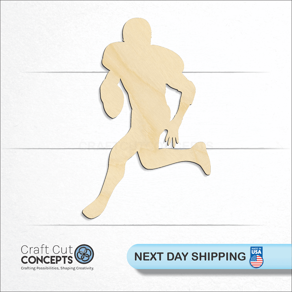 Craft Cut Concepts logo and next day shipping banner with an unfinished wood Running Quarterback Football Player craft shape and blank