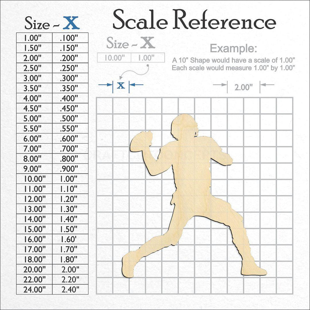 A scale and graph image showing a wood Throwing Quarterback Football Player craft blank