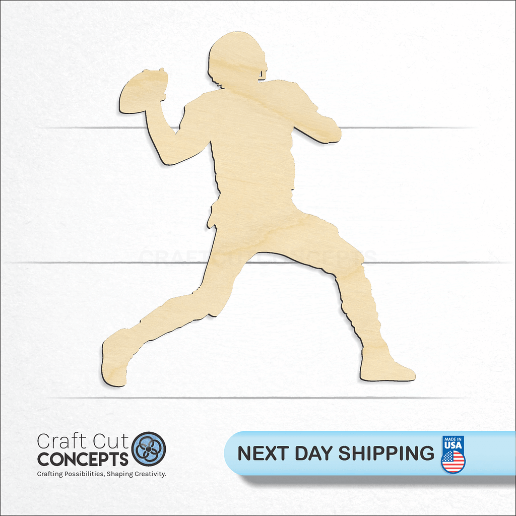 Craft Cut Concepts logo and next day shipping banner with an unfinished wood Throwing Quarterback Football Player craft shape and blank