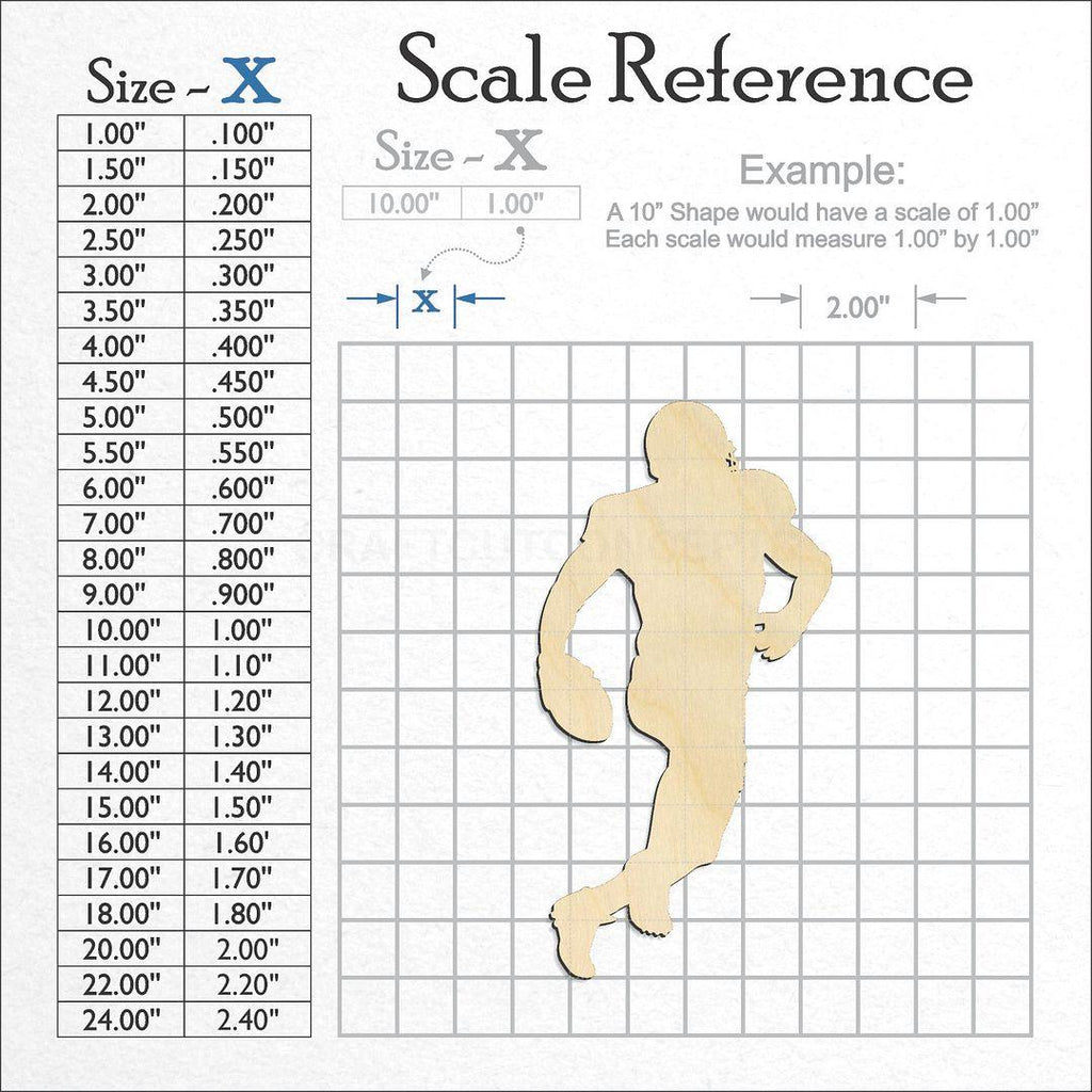 A scale and graph image showing a wood Running Back Football Player craft blank