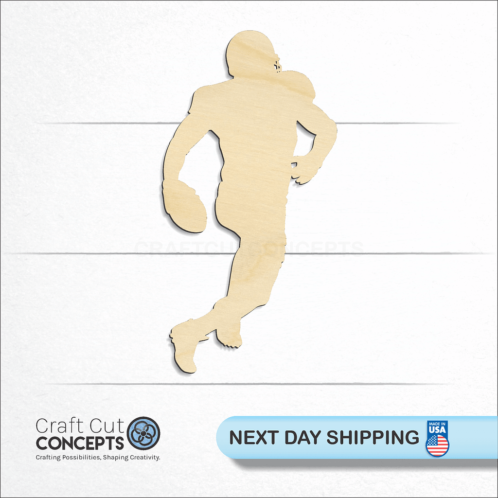 Craft Cut Concepts logo and next day shipping banner with an unfinished wood Running Back Football Player craft shape and blank