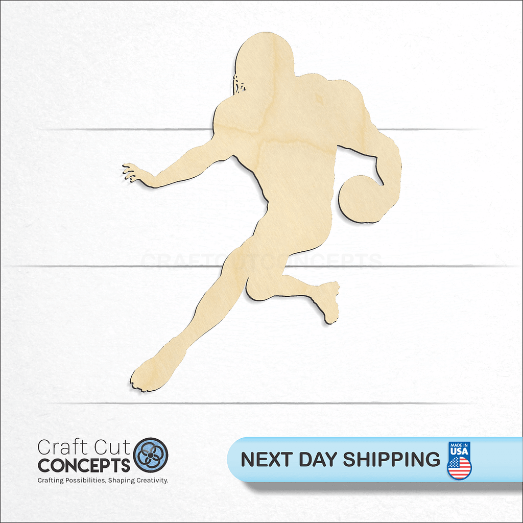 Craft Cut Concepts logo and next day shipping banner with an unfinished wood Sideline Football Player craft shape and blank