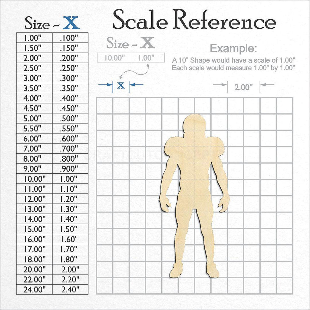 A scale and graph image showing a wood Standing Football Player craft blank