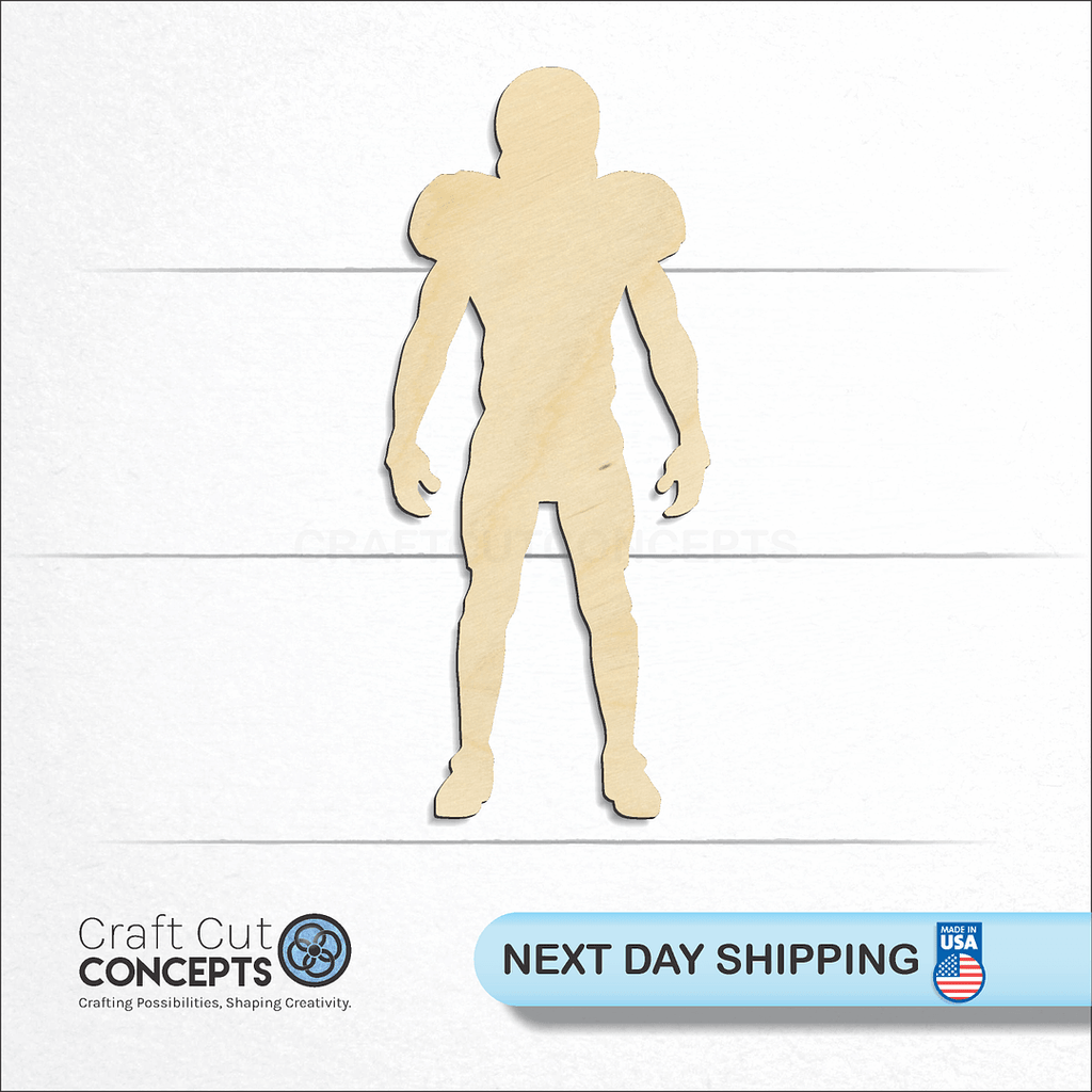 Craft Cut Concepts logo and next day shipping banner with an unfinished wood Standing Football Player craft shape and blank