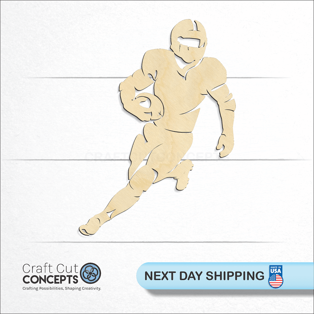 Craft Cut Concepts logo and next day shipping banner with an unfinished wood Detailed Football Player craft shape and blank