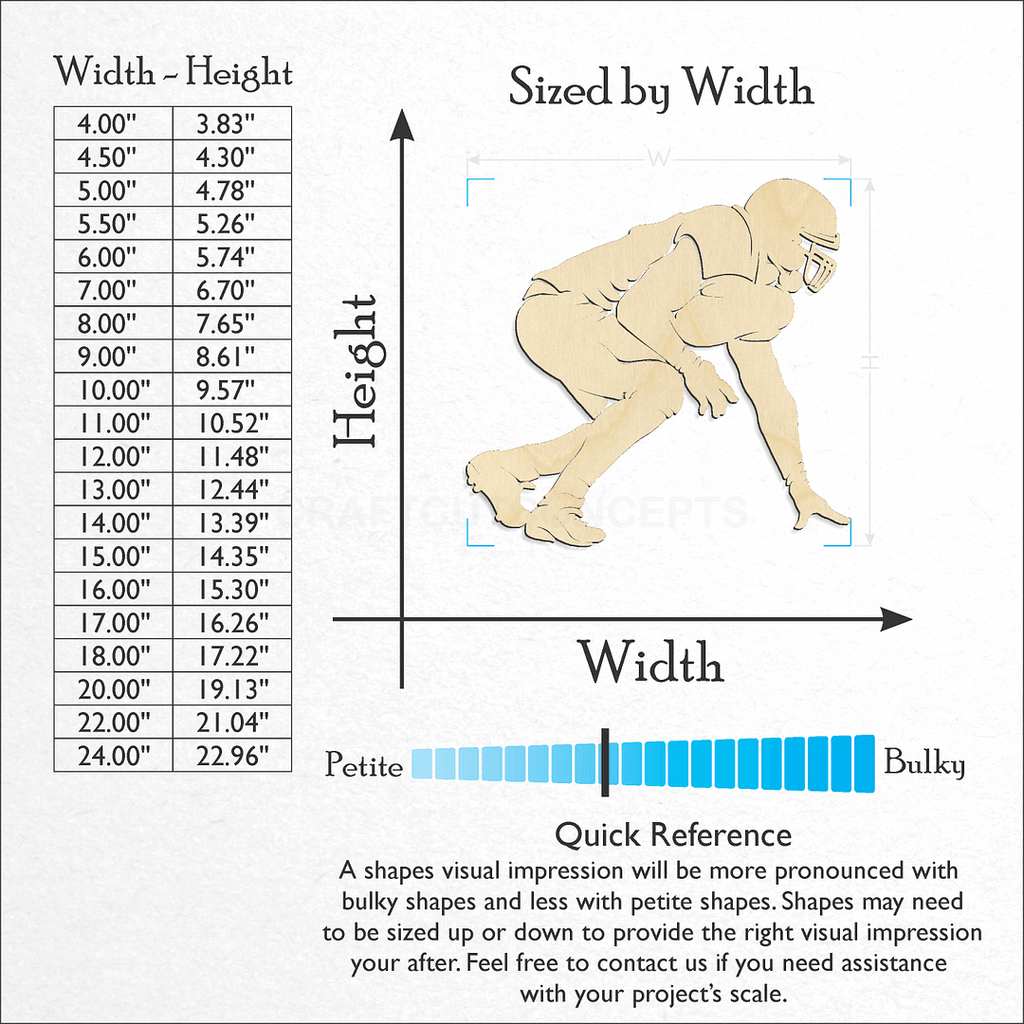 Sizes available for a laser cut Detailed Lineman Football Player craft blank