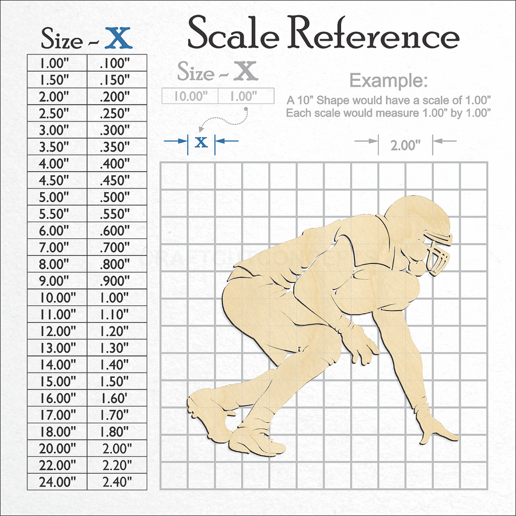 A scale and graph image showing a wood Detailed Lineman Football Player craft blank