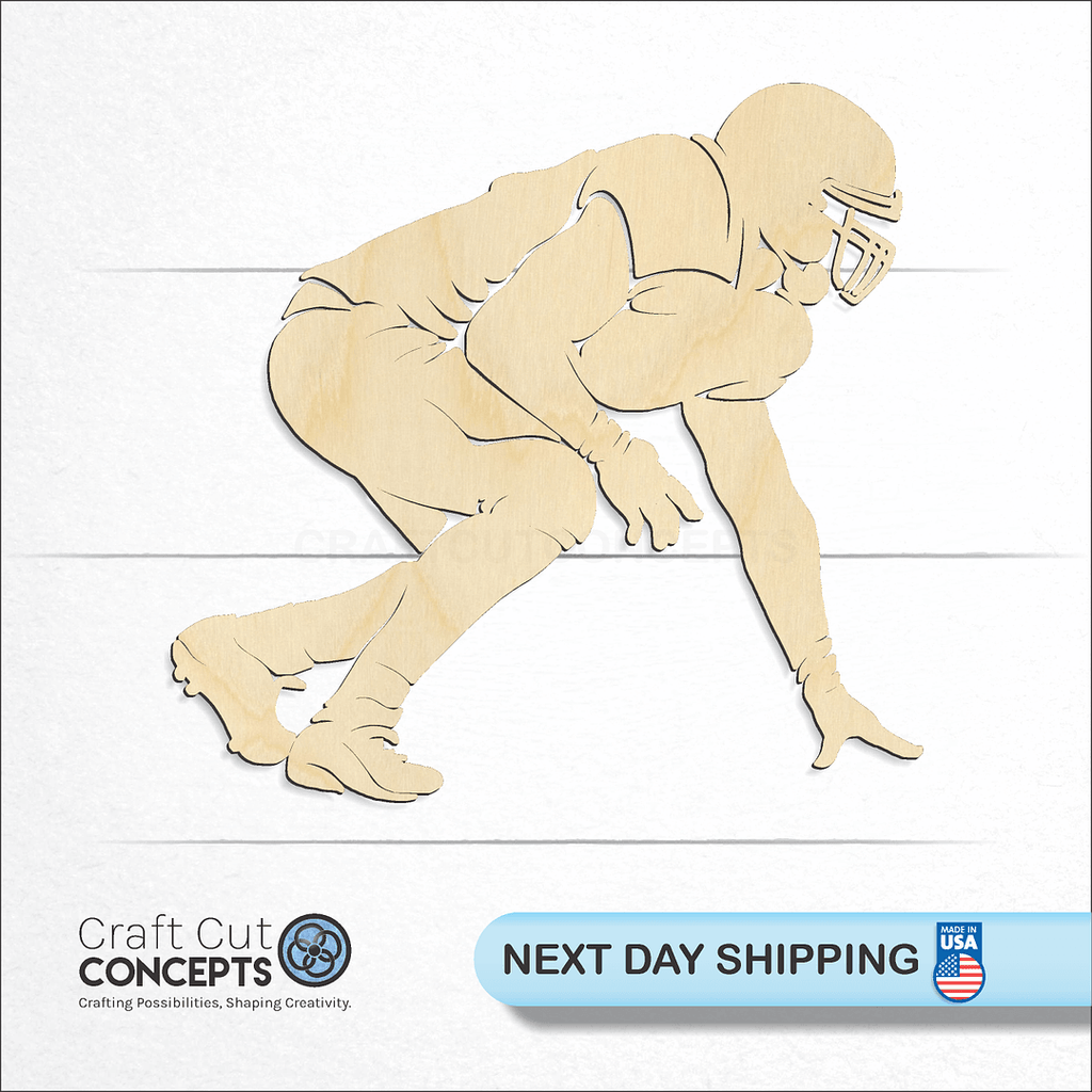 Craft Cut Concepts logo and next day shipping banner with an unfinished wood Detailed Lineman Football Player craft shape and blank