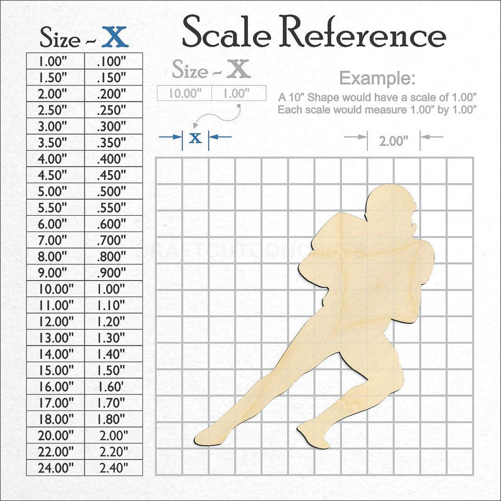 A scale and graph image showing a wood Quarterback Football Player craft blank