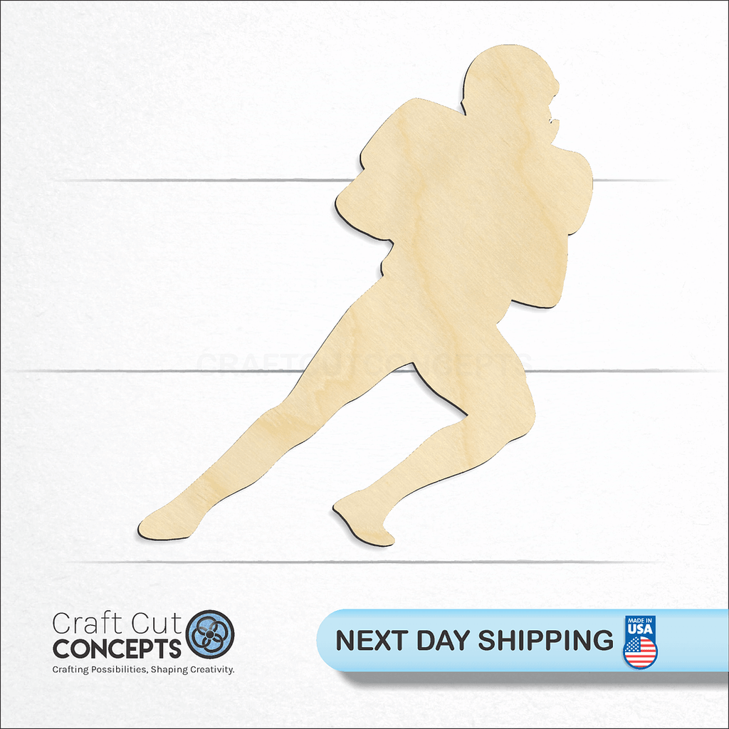 Craft Cut Concepts logo and next day shipping banner with an unfinished wood Quarterback Football Player craft shape and blank