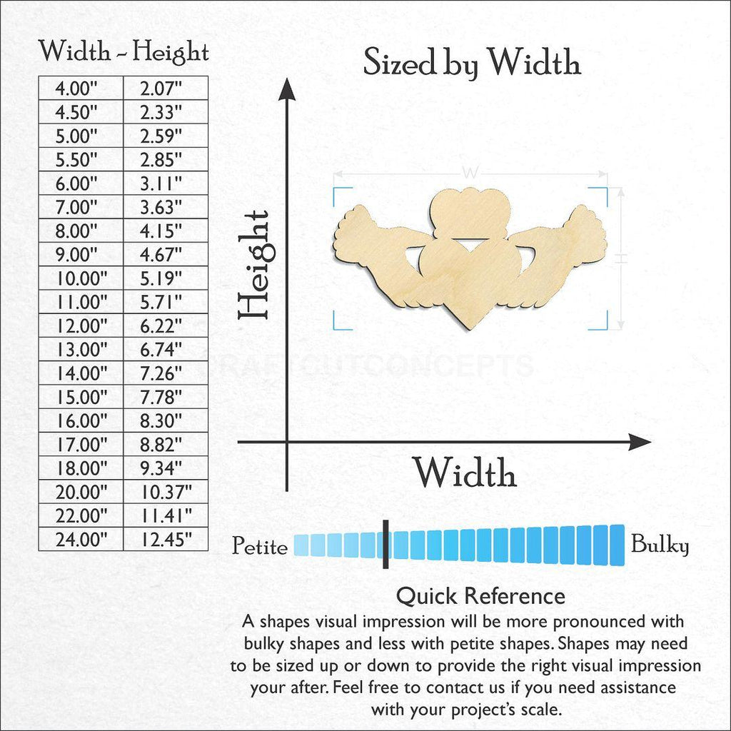 Sizes available for a laser cut Claddagh Irish craft blank