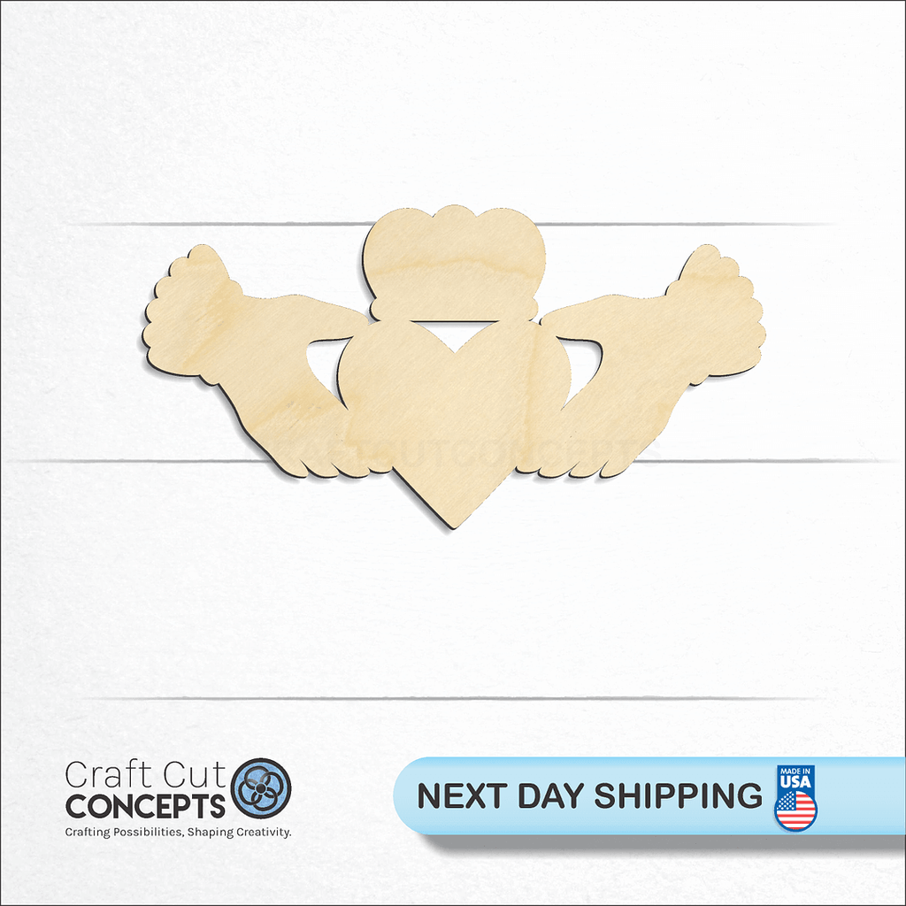 Craft Cut Concepts logo and next day shipping banner with an unfinished wood Claddagh Irish craft shape and blank