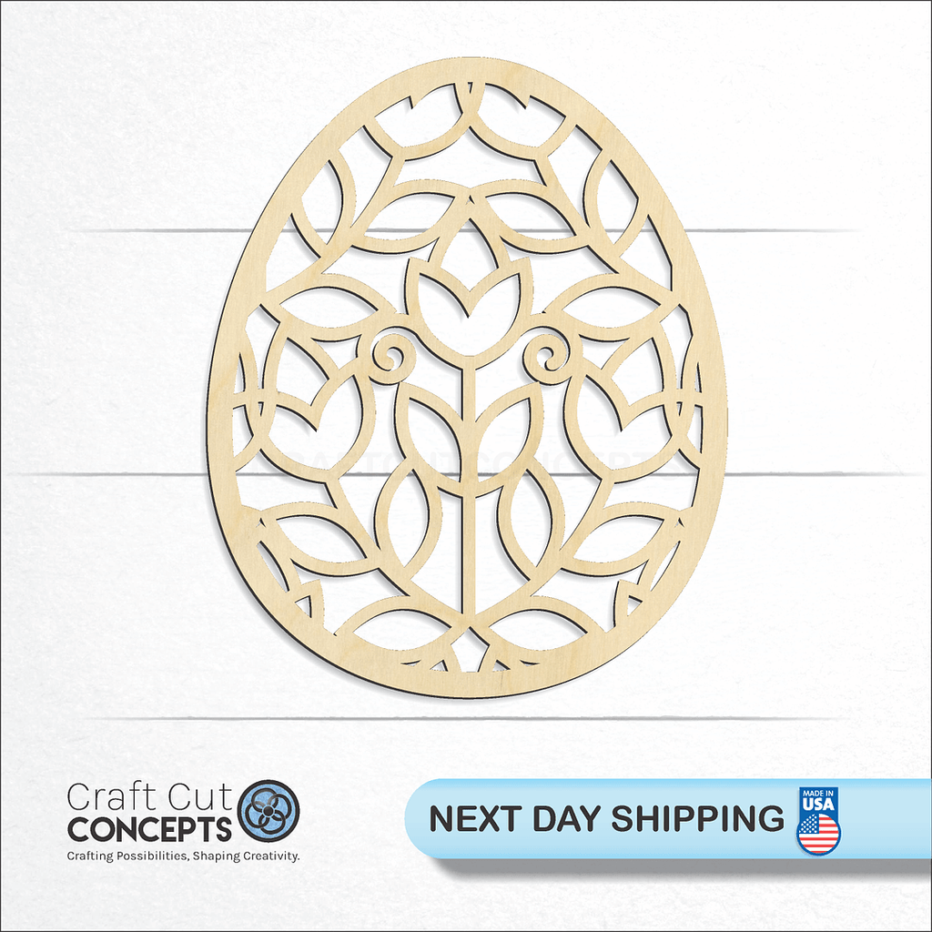 Craft Cut Concepts logo and next day shipping banner with an unfinished wood Flower Filigree Easter Egg craft shape and blank