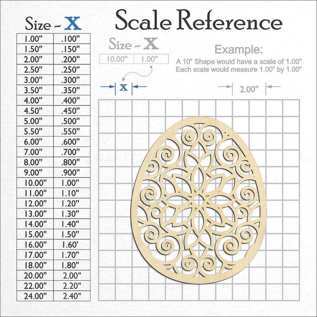 A scale and graph image showing a wood Floral Filigree Easter Egg craft blank