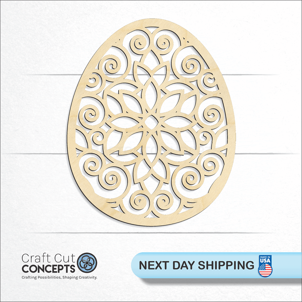 Craft Cut Concepts logo and next day shipping banner with an unfinished wood Floral Filigree Easter Egg craft shape and blank