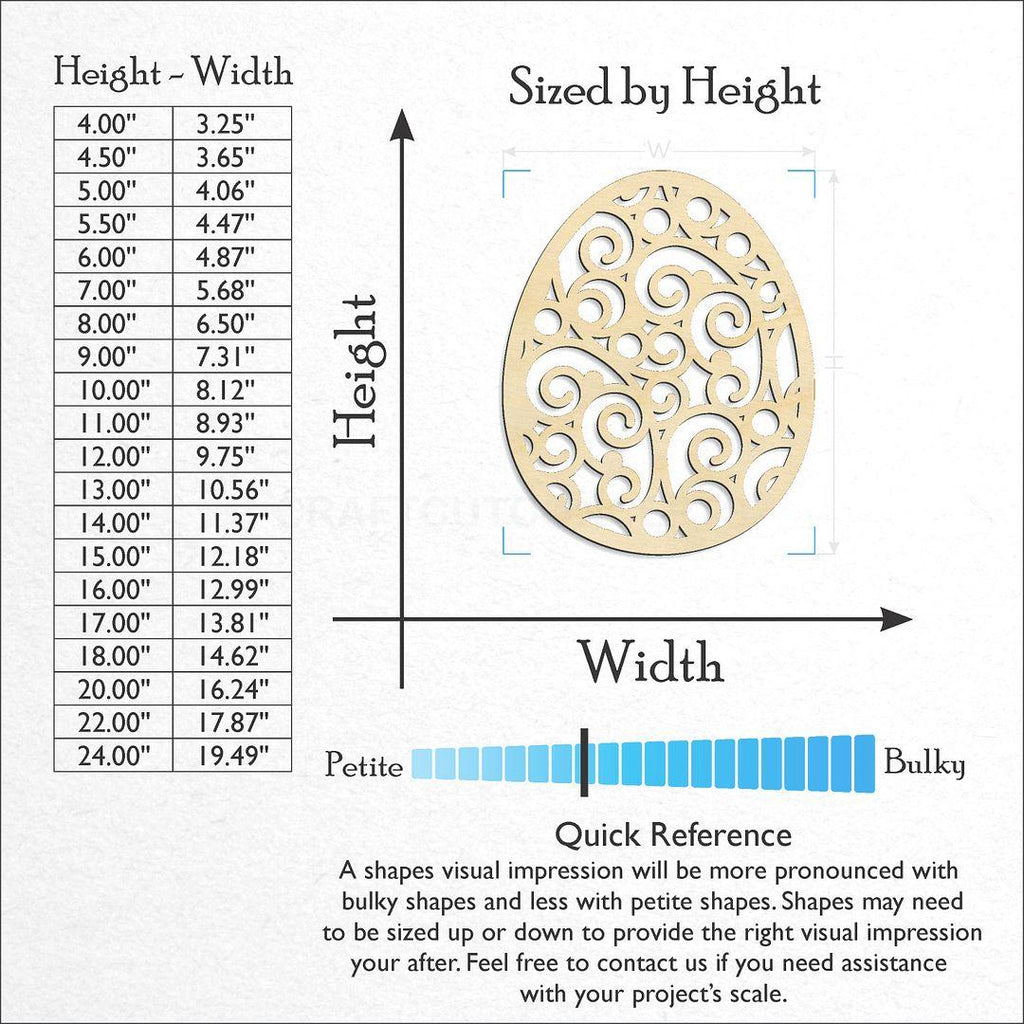 Sizes available for a laser cut Filigree Vine Swirl Easter Egg craft blank