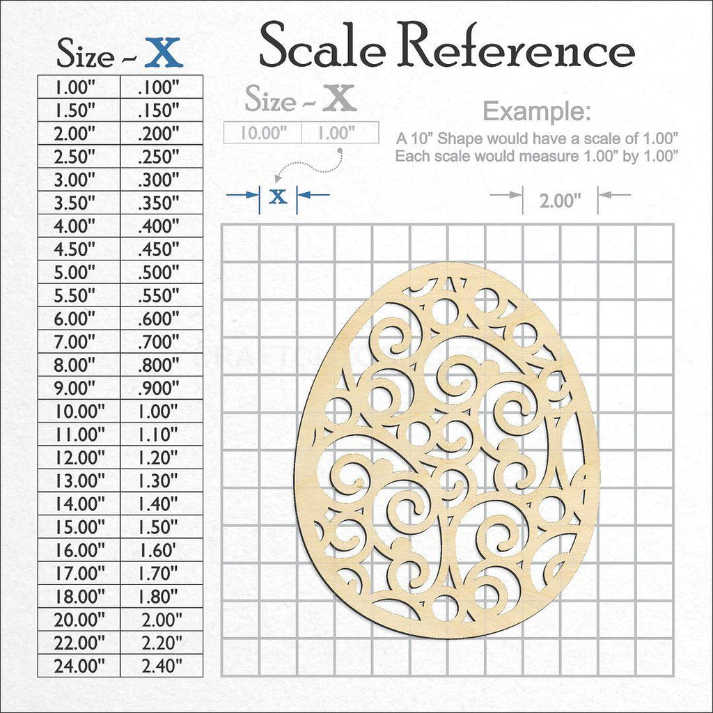 A scale and graph image showing a wood Filigree Vine Swirl Easter Egg craft blank