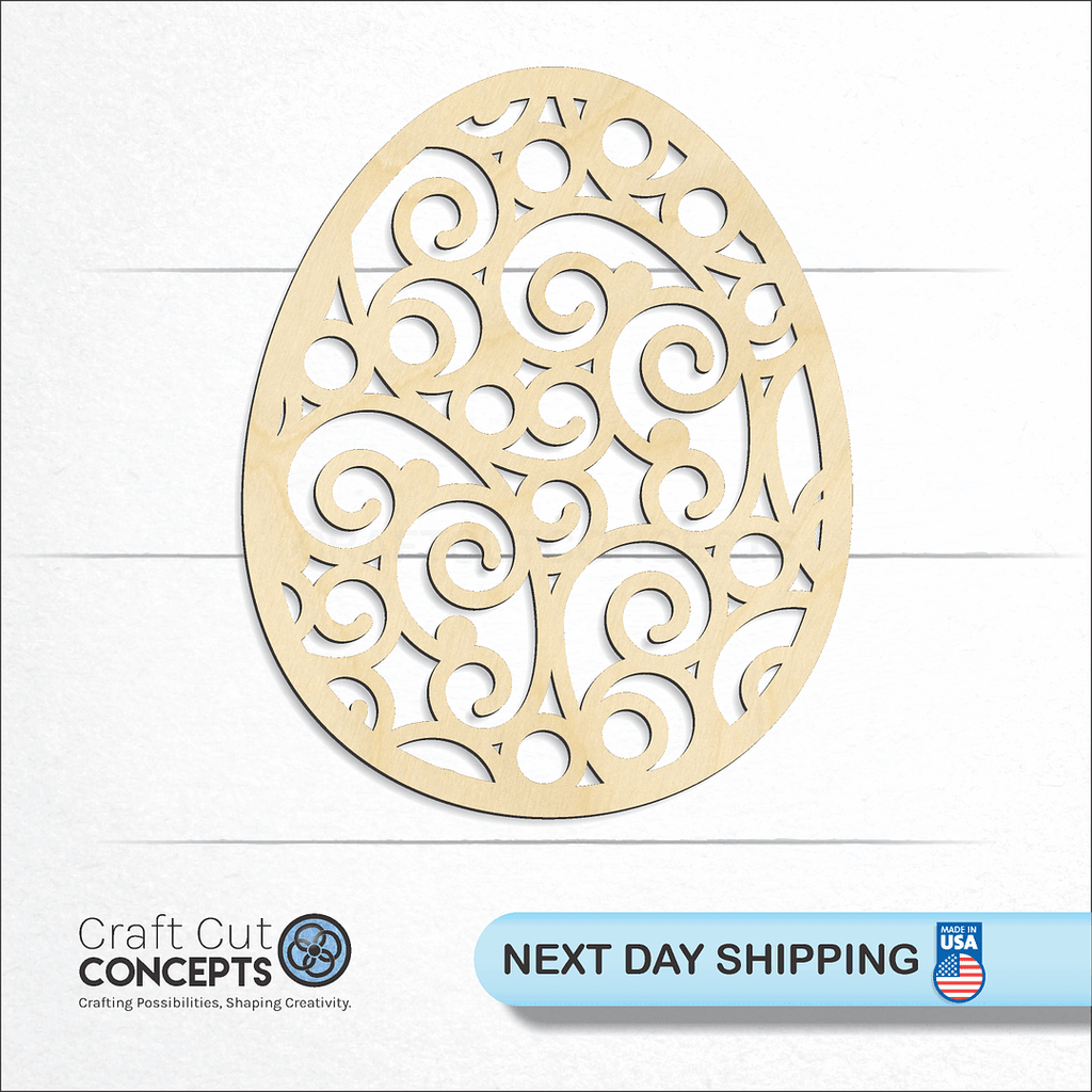 Craft Cut Concepts logo and next day shipping banner with an unfinished wood Filigree Vine Swirl Easter Egg craft shape and blank