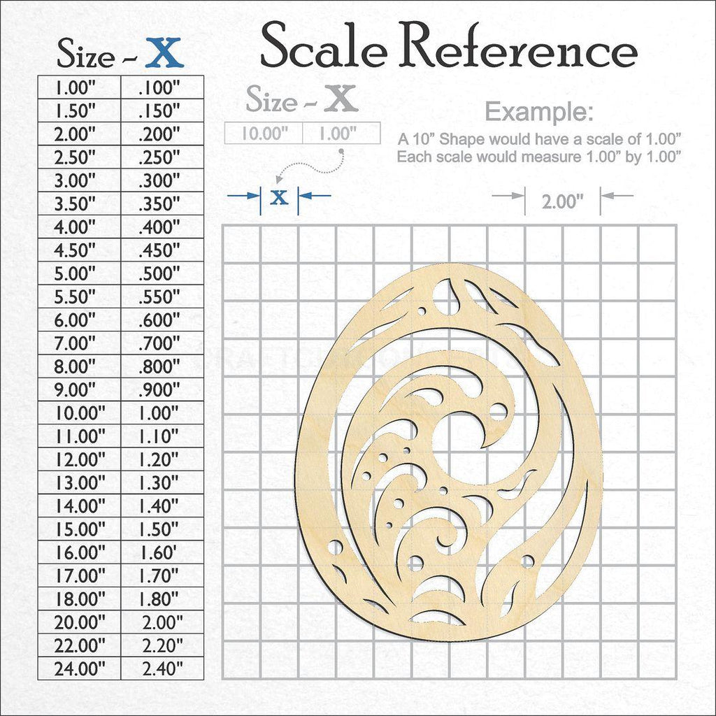 A scale and graph image showing a wood Filigree Easter Egg craft blank