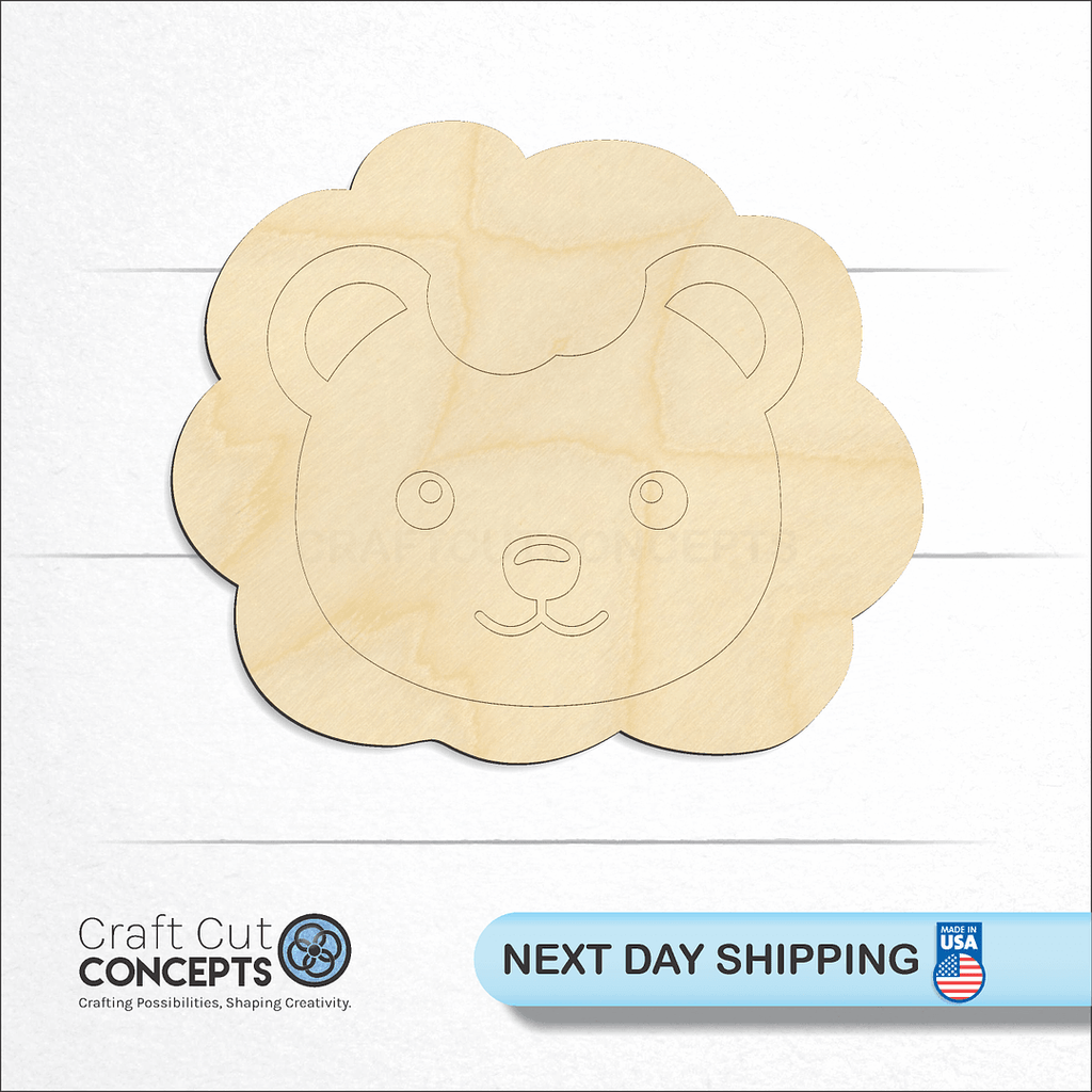 Craft Cut Concepts logo and next day shipping banner with an unfinished wood Cute Lion Face craft shape and blank