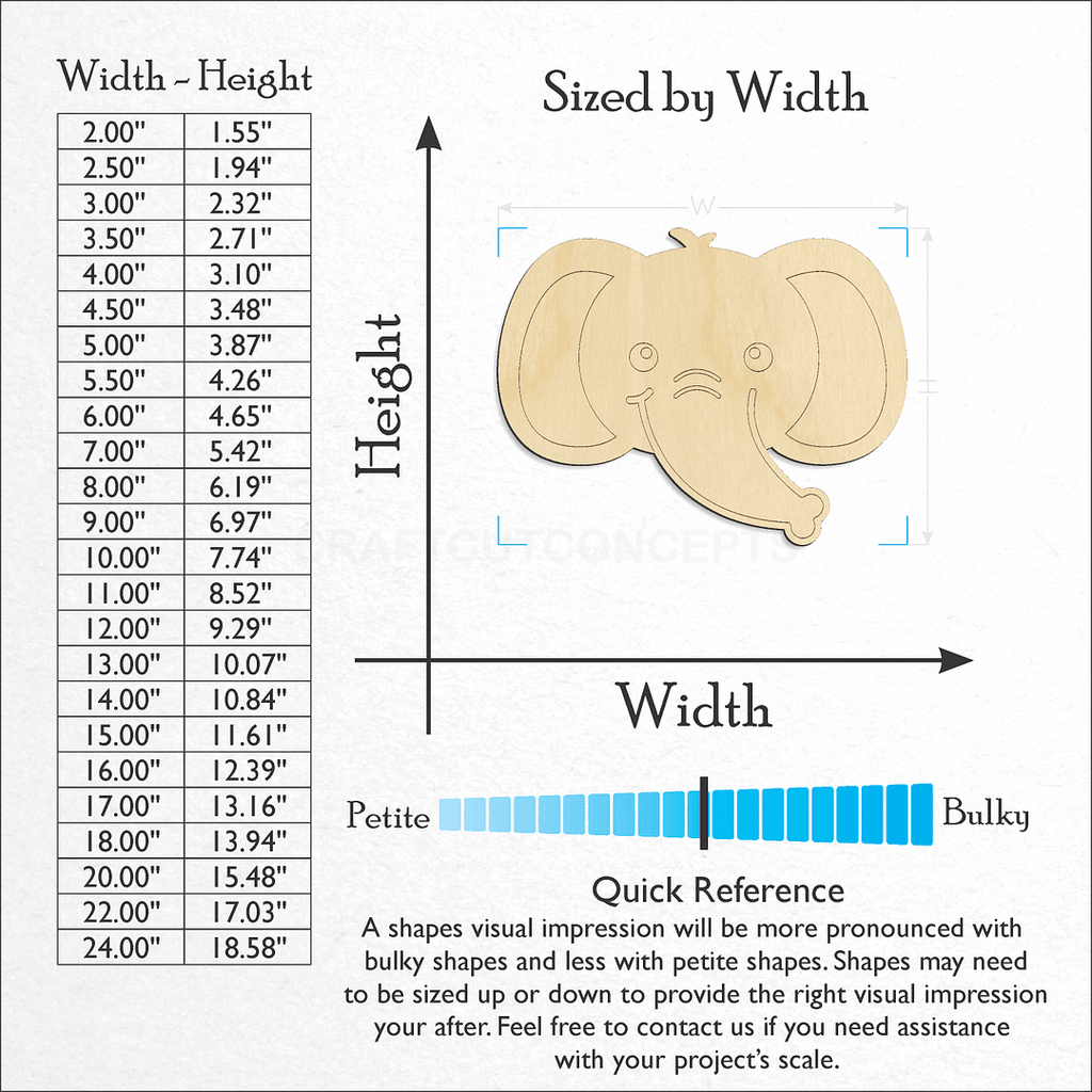 Sizes available for a laser cut Cute Elephant Face craft blank