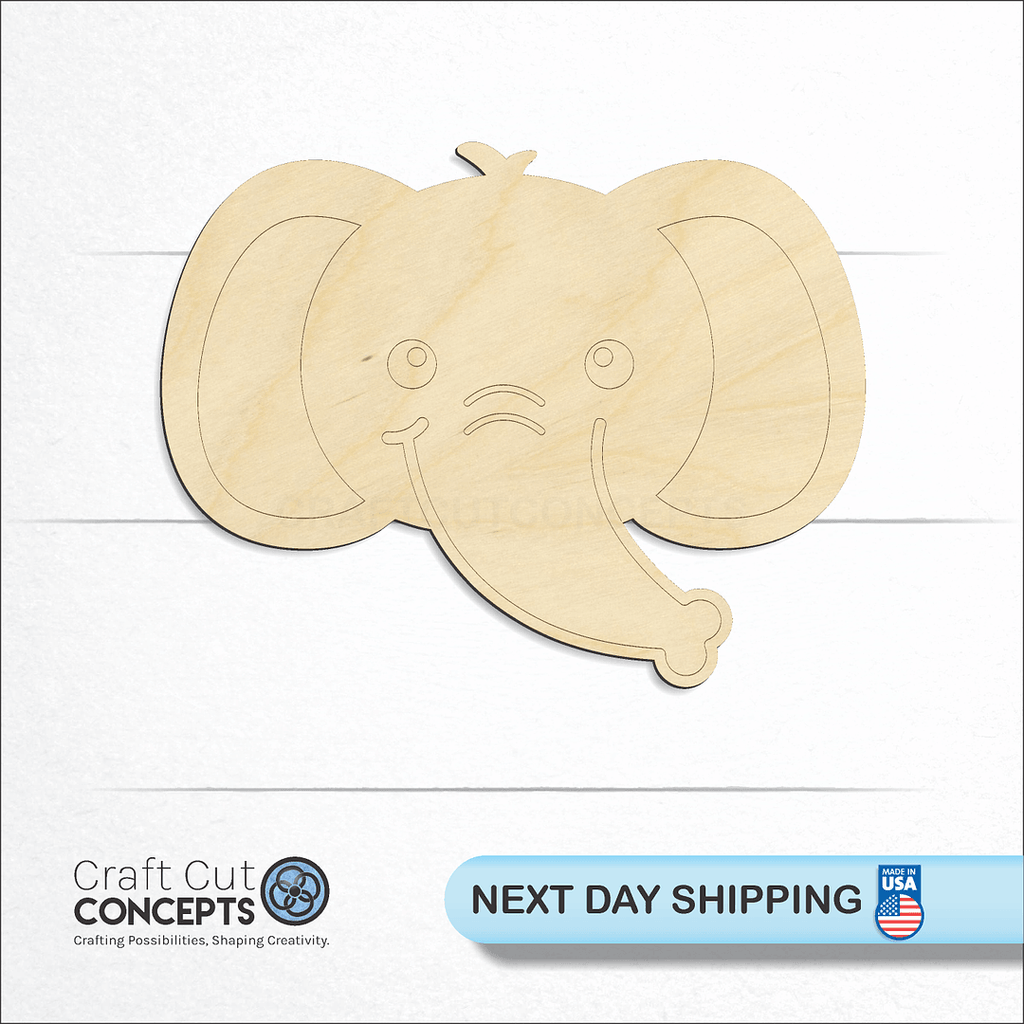 Craft Cut Concepts logo and next day shipping banner with an unfinished wood Cute Elephant Face craft shape and blank