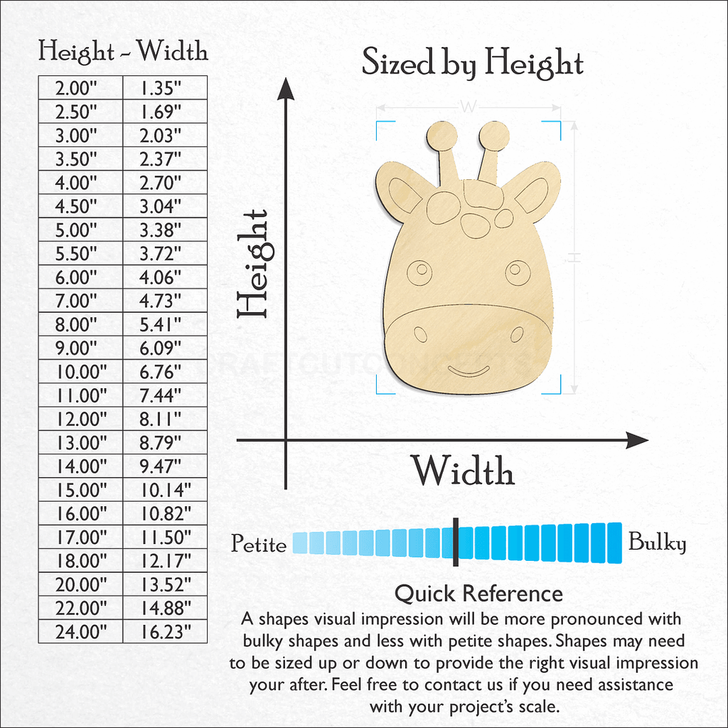 Sizes available for a laser cut Cute Giraffe Face craft blank