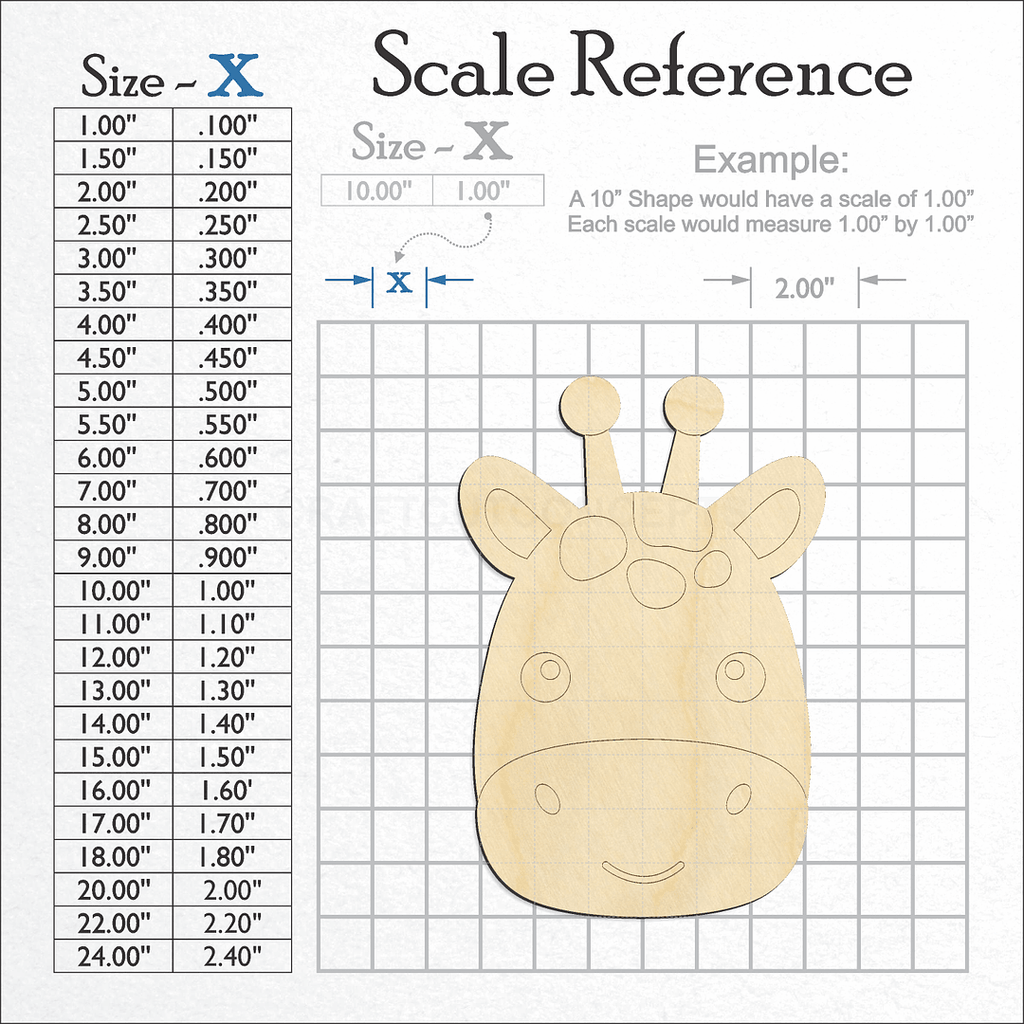 A scale and graph image showing a wood Cute Giraffe Face craft blank