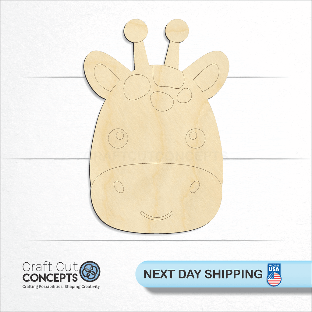 Craft Cut Concepts logo and next day shipping banner with an unfinished wood Cute Giraffe Face craft shape and blank