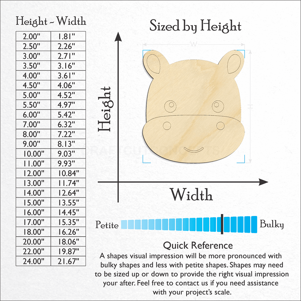 Sizes available for a laser cut Cute Hippo Face craft blank