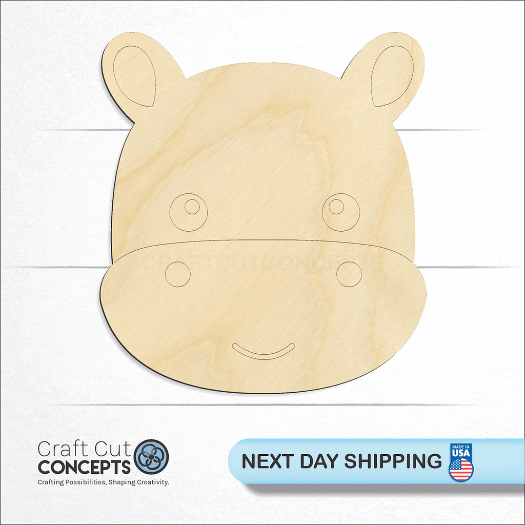 Craft Cut Concepts logo and next day shipping banner with an unfinished wood Cute Hippo Face craft shape and blank