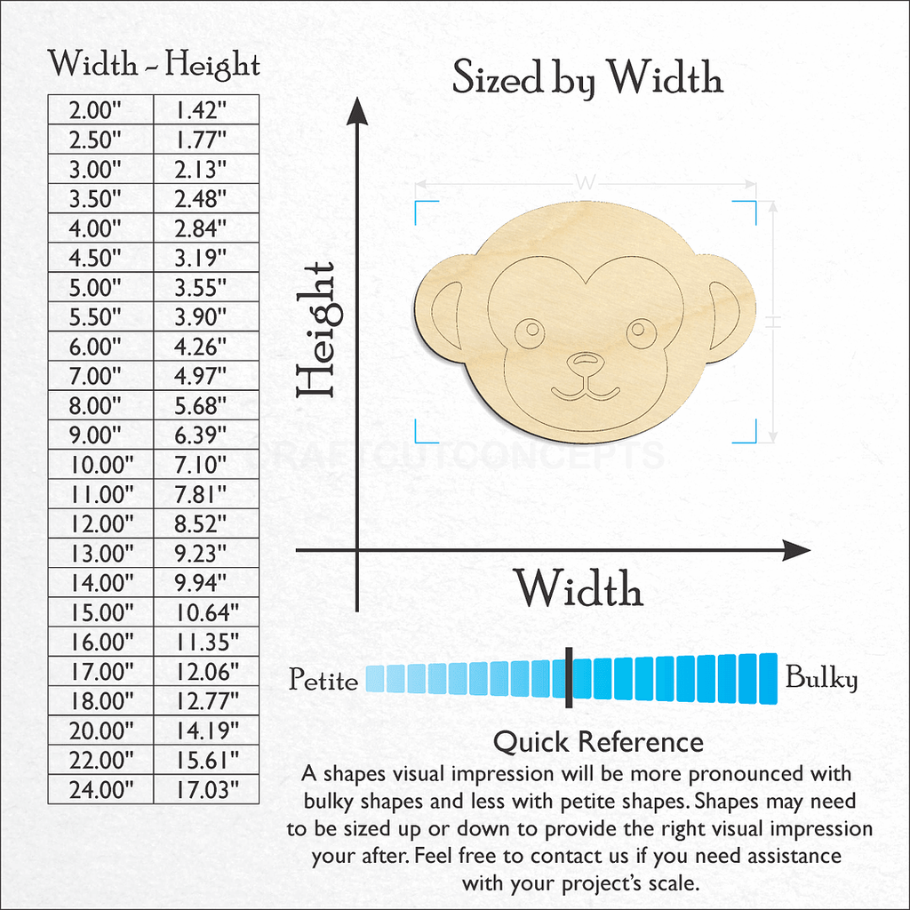 Sizes available for a laser cut Cute Monkey Face craft blank