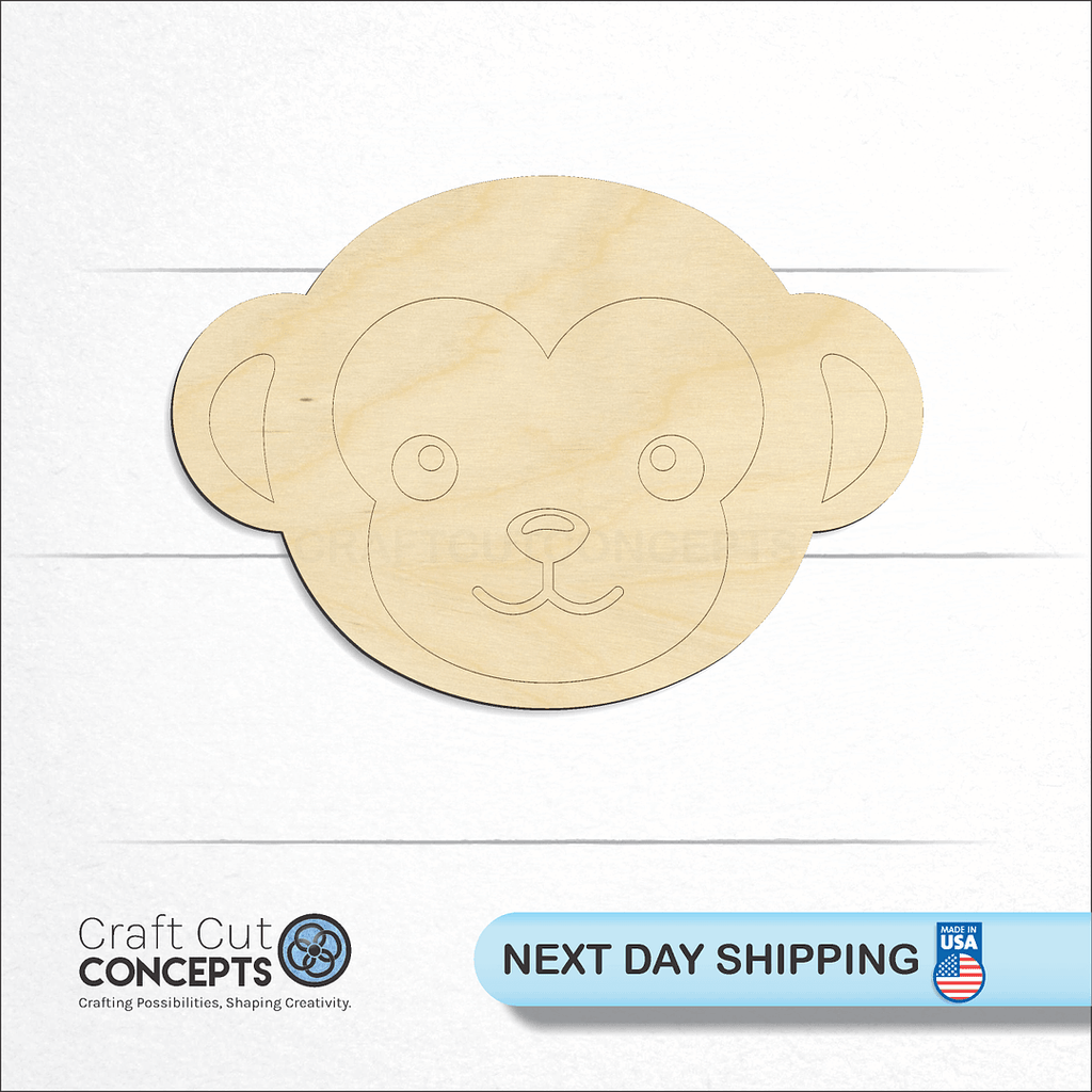 Craft Cut Concepts logo and next day shipping banner with an unfinished wood Cute Monkey Face craft shape and blank