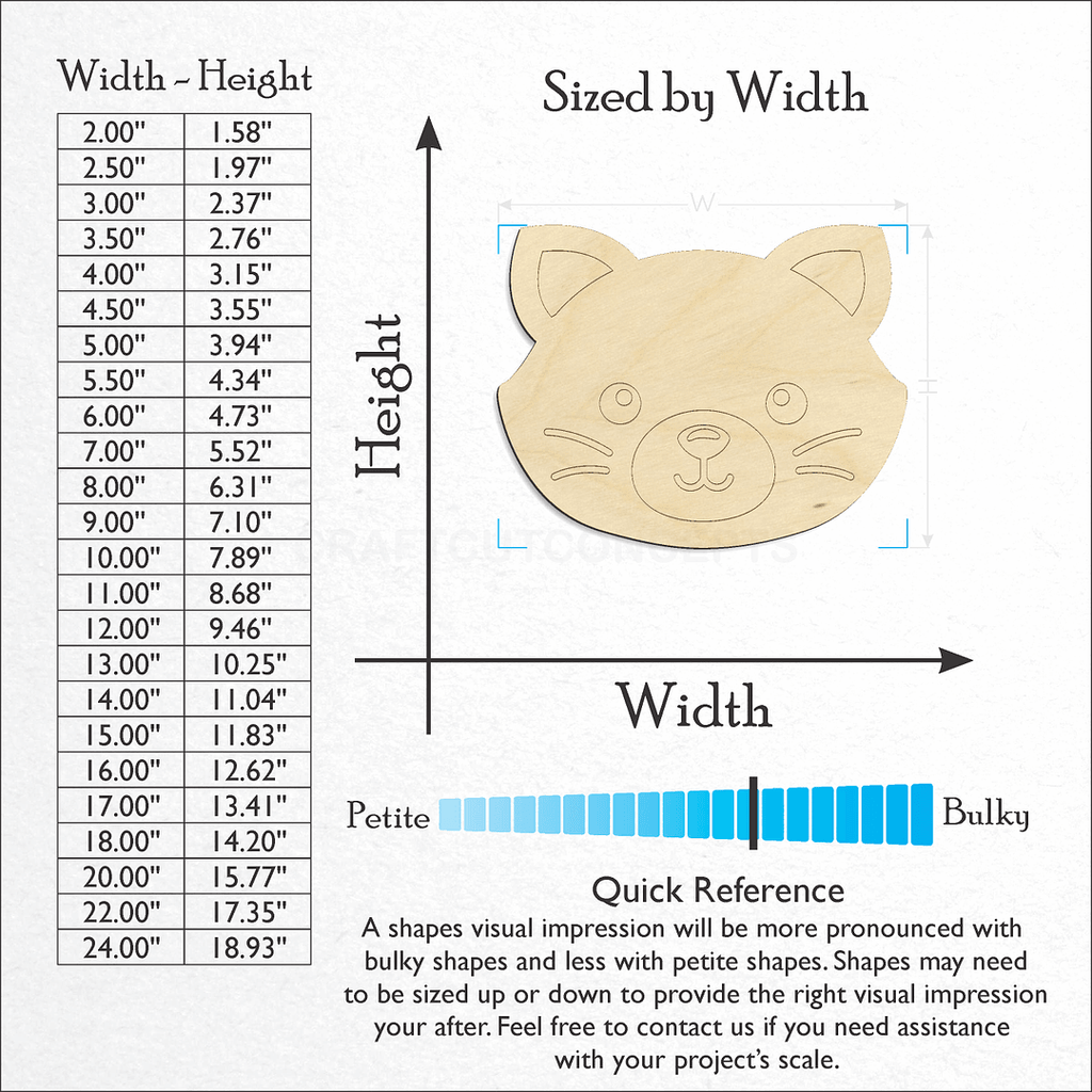 Sizes available for a laser cut Cute Cat Face craft blank