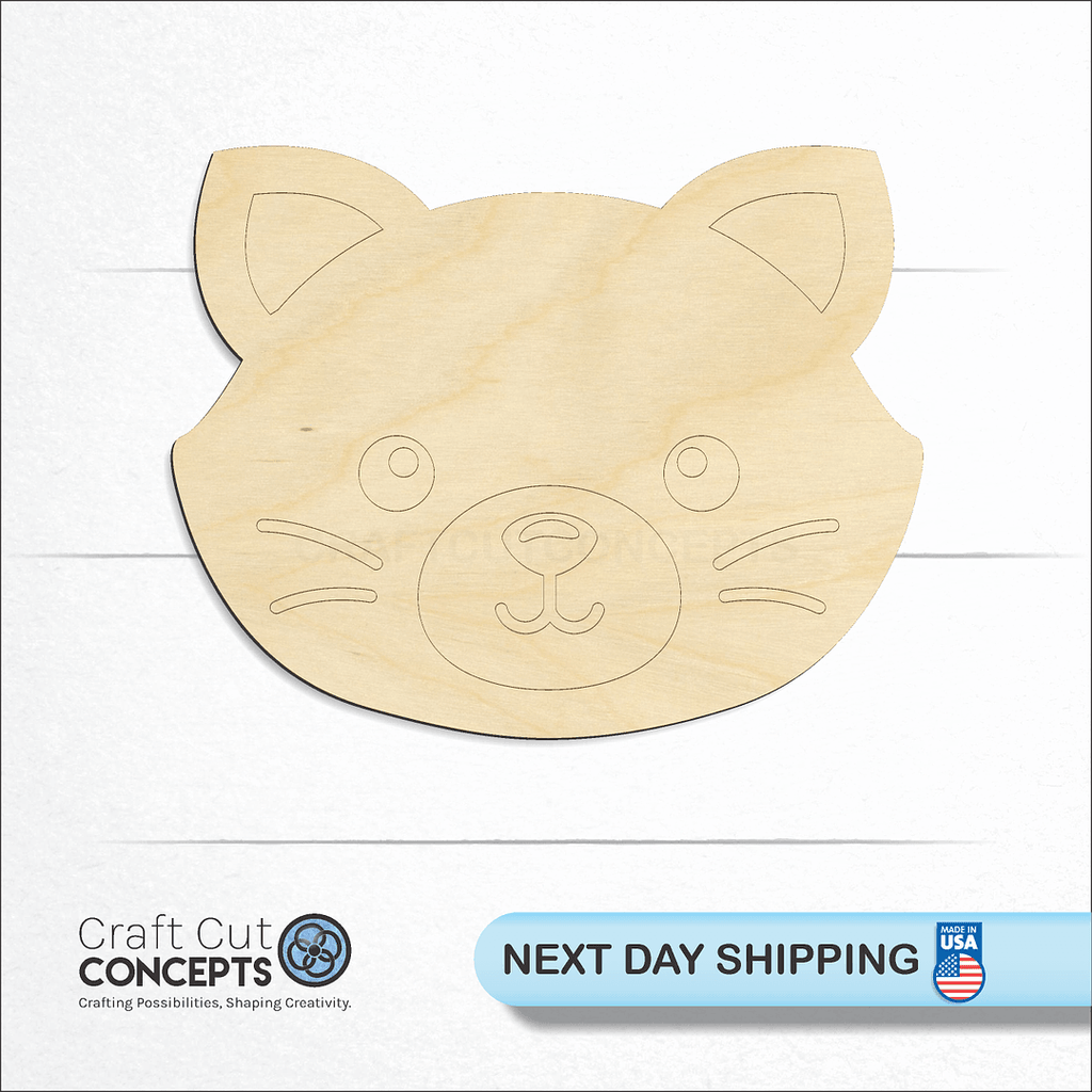 Craft Cut Concepts logo and next day shipping banner with an unfinished wood Cute Cat Face craft shape and blank