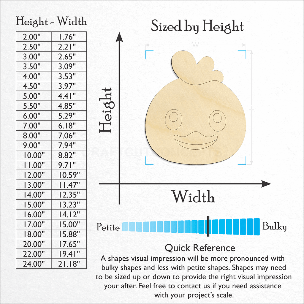 Sizes available for a laser cut Cute Chicken Face craft blank