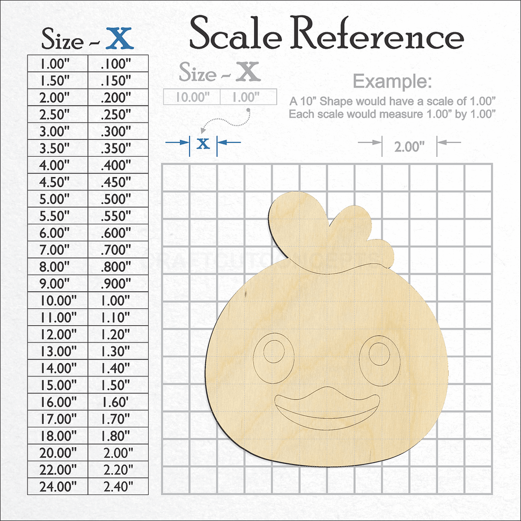 A scale and graph image showing a wood Cute Chicken Face craft blank