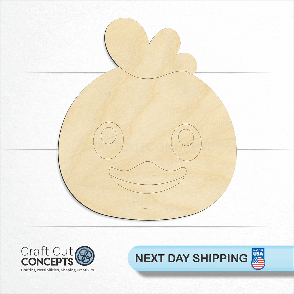 Craft Cut Concepts logo and next day shipping banner with an unfinished wood Cute Chicken Face craft shape and blank