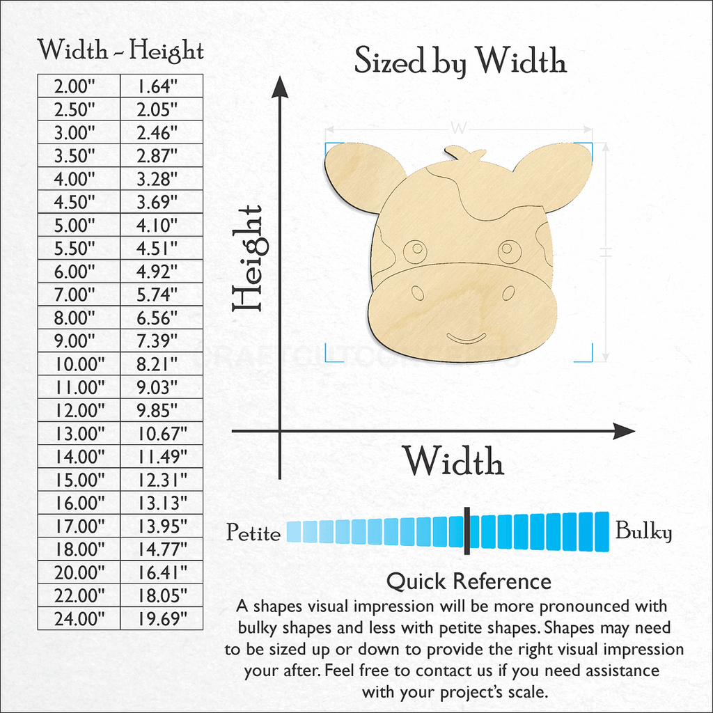 Sizes available for a laser cut Cute Cow Face craft blank