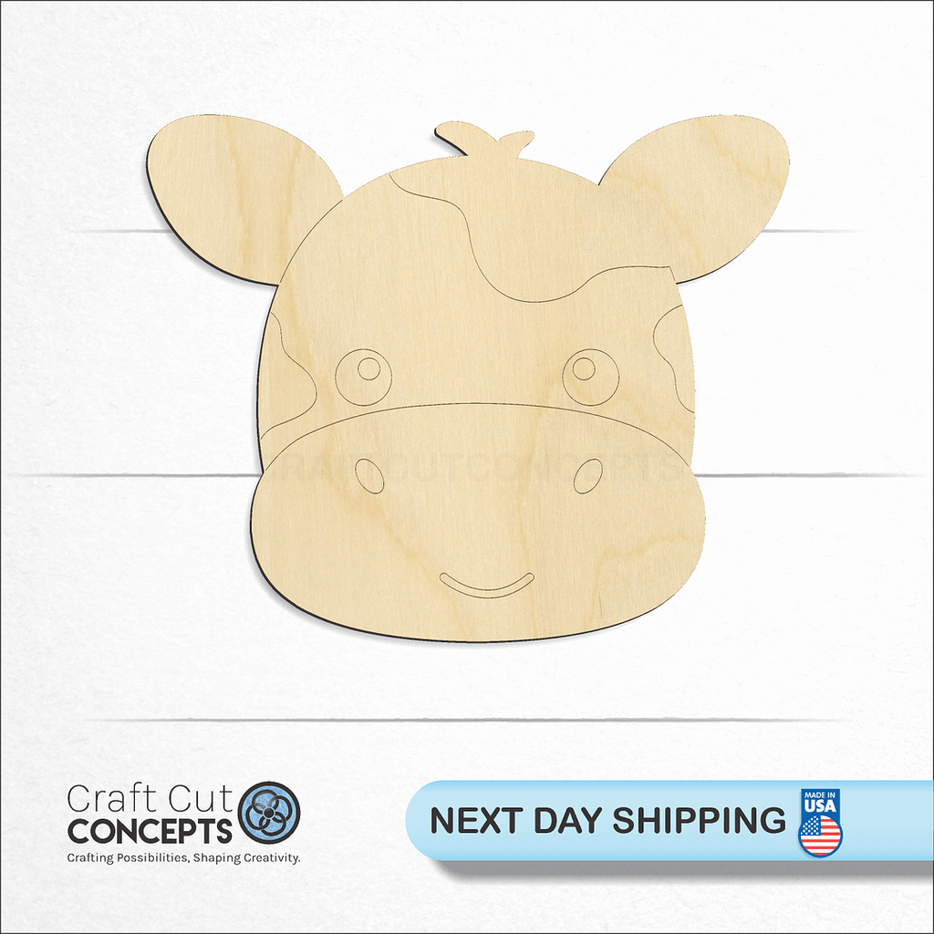 Craft Cut Concepts logo and next day shipping banner with an unfinished wood Cute Cow Face craft shape and blank