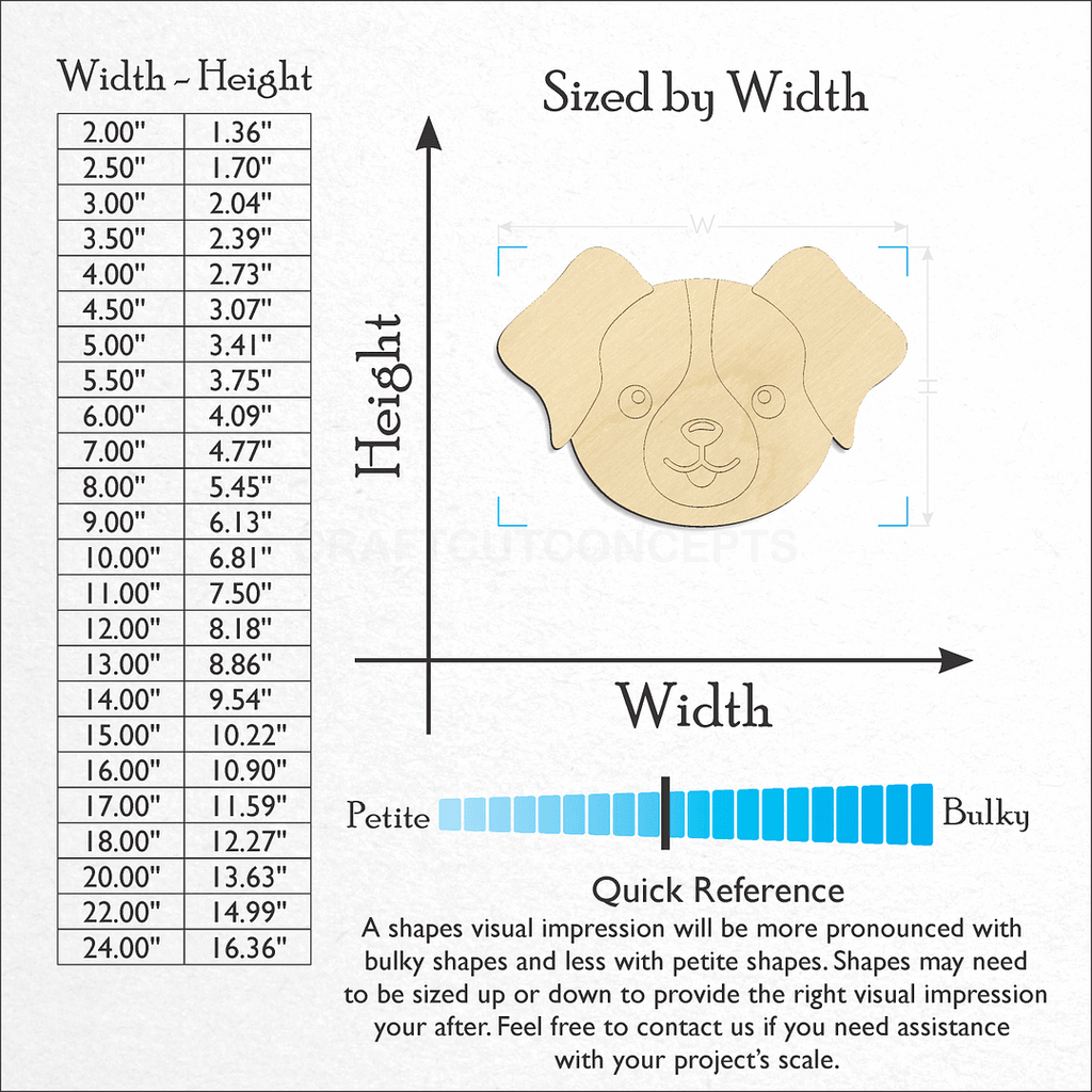 Sizes available for a laser cut Cute Dog Face craft blank