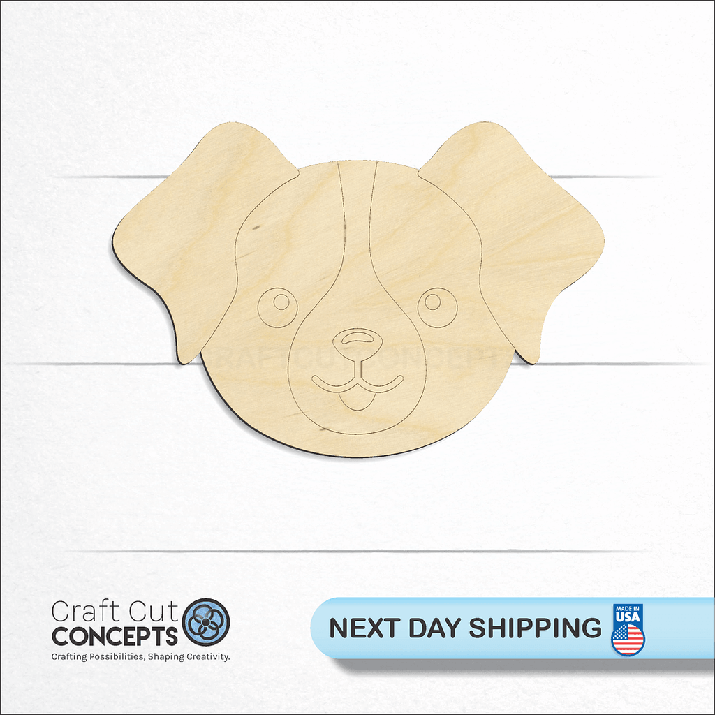 Craft Cut Concepts logo and next day shipping banner with an unfinished wood Cute Dog Face craft shape and blank