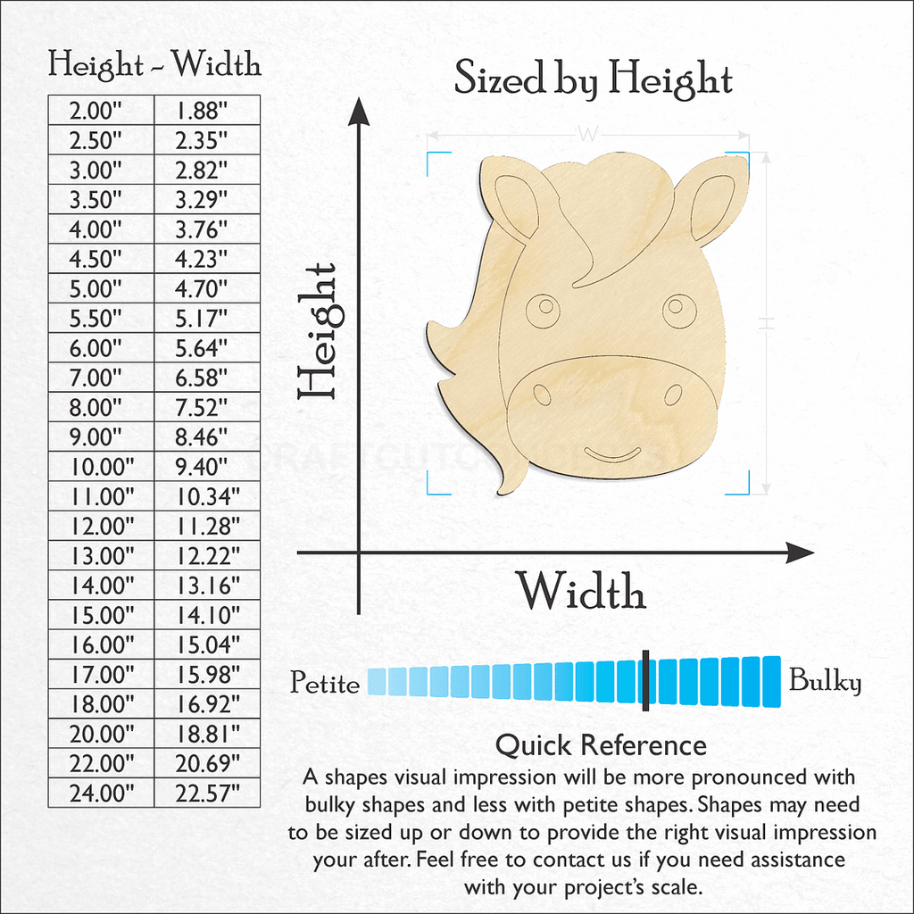 Sizes available for a laser cut Cute Horse Face craft blank