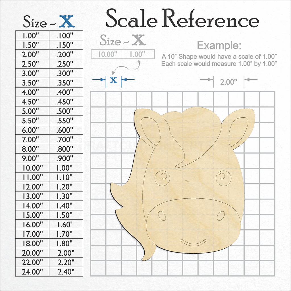 A scale and graph image showing a wood Cute Horse Face craft blank