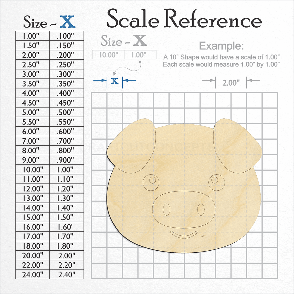 A scale and graph image showing a wood Cute Pig Face craft blank