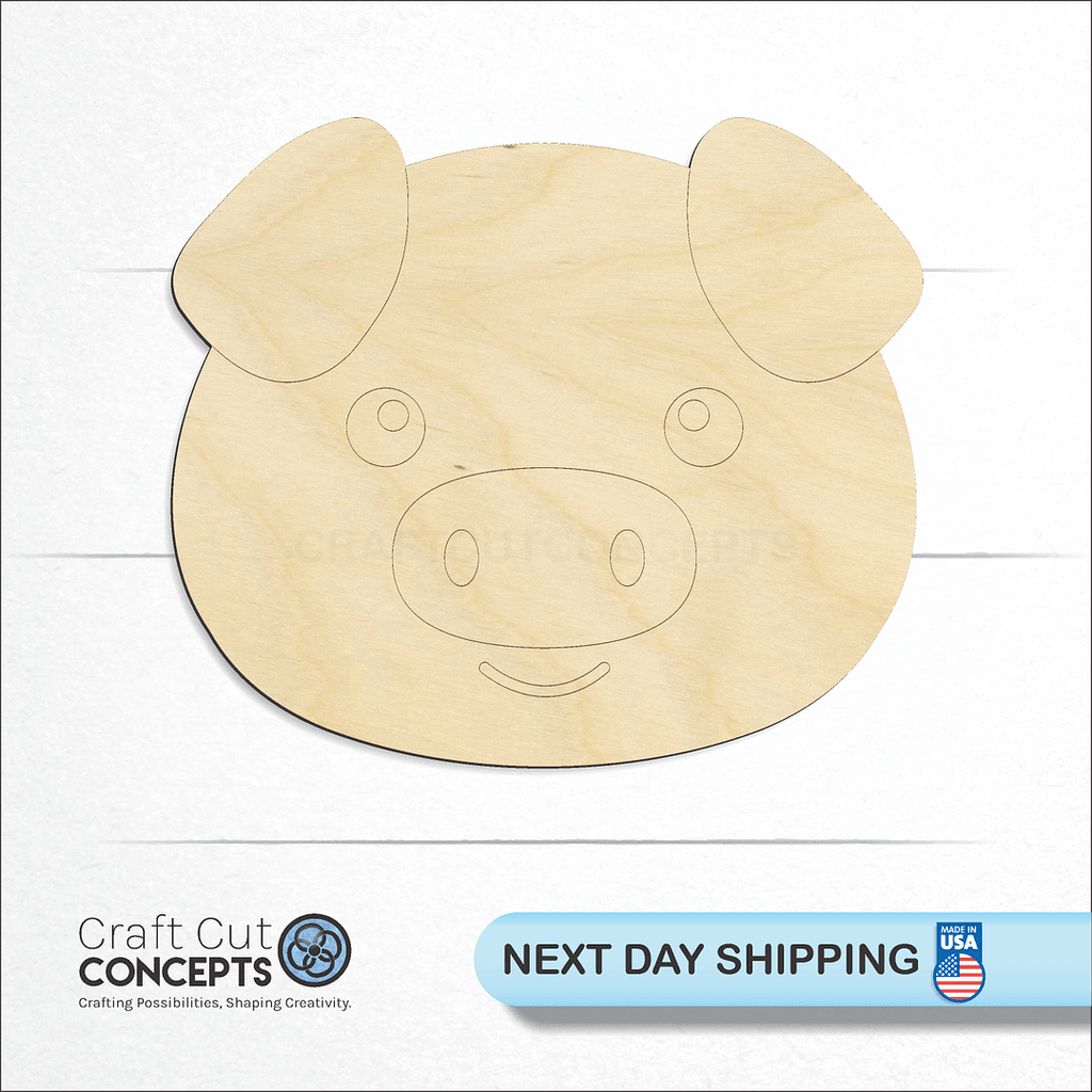 Craft Cut Concepts logo and next day shipping banner with an unfinished wood Cute Pig Face craft shape and blank