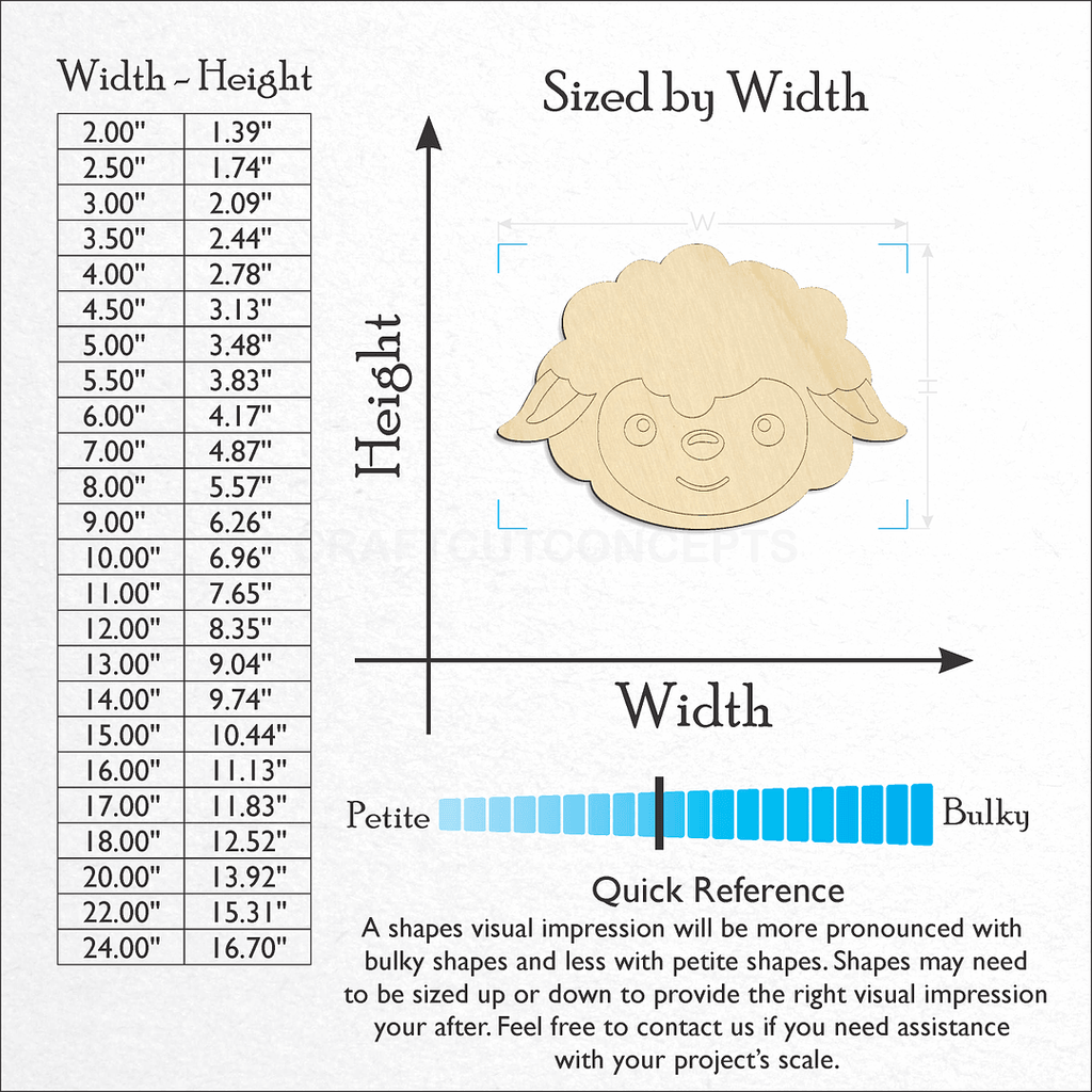 Sizes available for a laser cut Cute Lamb Face craft blank