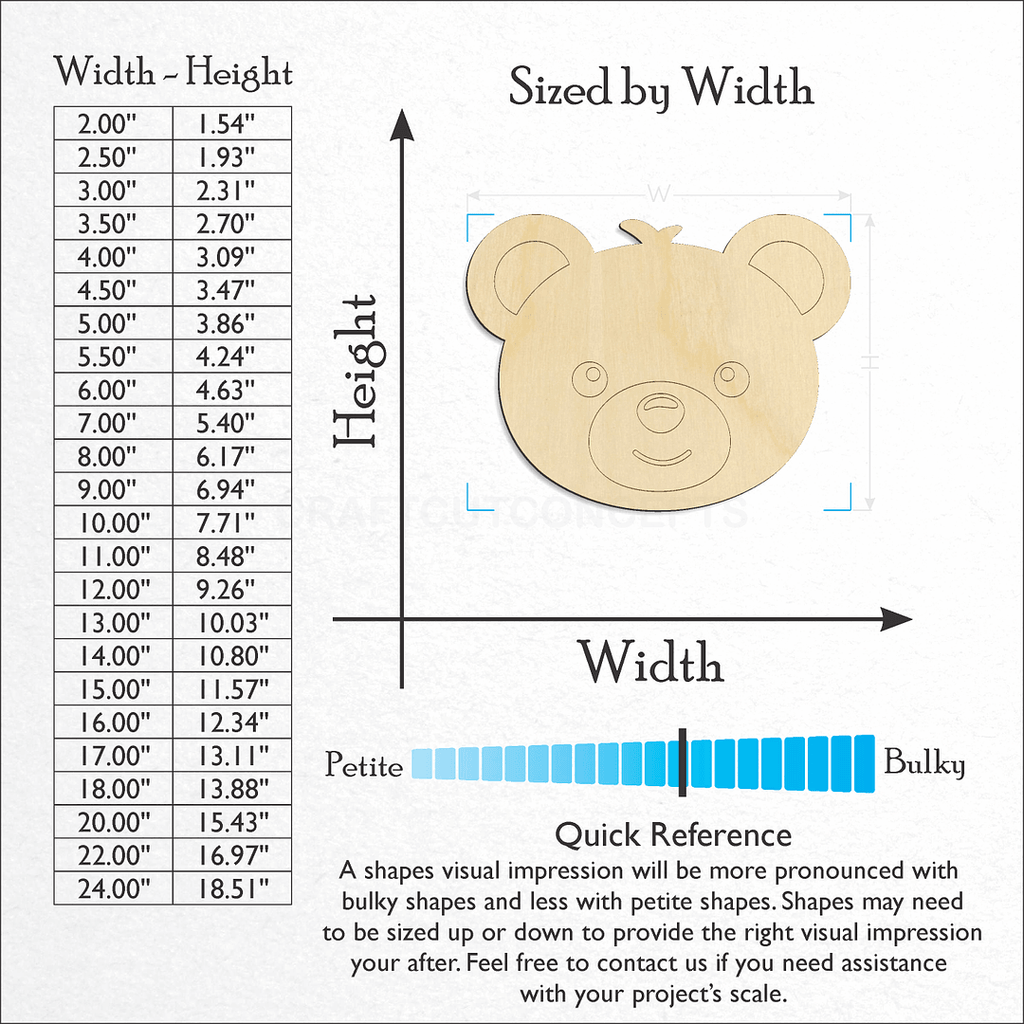 Sizes available for a laser cut Cute Bear Face craft blank